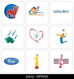 Set Of 9 simple editable icons such as treble clef, no.1, f, volley, insurance, meteorite, telecom, 45th anniversary, french bulldog, can be used for  Stock Vector