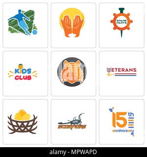 Set Of 9 simple editable icons such as 15th anniversary, scorpions, bird nest, veterans day, bengal tiger, kids club, spare parts, prayer hands, footb Stock Vector