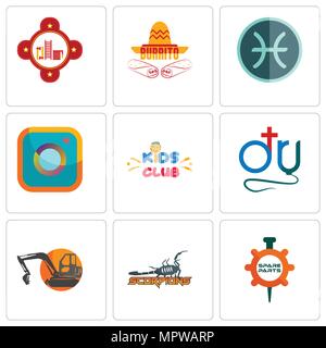 Set Of 9 simple editable icons such as spare parts, scorpions, digger, dr., kids club, camera, pisces, burrito, fire station, can be used for mobile,  Stock Vector