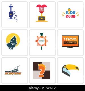 Set Of 9 simple editable icons such as toucan, chess knight, scorpions, 100 guarantee, spare parts, howling wolf, kids club, best anniversary, shisha, Stock Vector