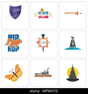 Set Of 9 simple editable icons such as wizard hat, scorpions, monarch butterfly, oil derrick, spare parts, hip hop, painting company, kids club, viper Stock Vector