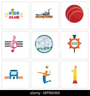 Set Of 9 simple editable icons such as no.1, volley, h house, spare parts, offroad, treble clef, cricket ball, scorpions, kids club, can be used for m Stock Vector