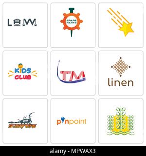Set Of 9 simple editable icons such as paddy, pinpoint, scorpions, linen, trademark, kids club, shooting stars, spare parts, law, can be used for mobi Stock Vector