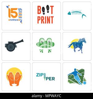 Set Of 9 simple editable icons such as football, zipper, prayer hands, mustang mascot, frog, cannon, fish skeleton, boot print, 15th anniversary, can  Stock Vector