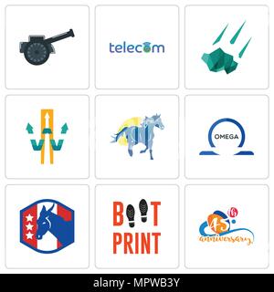 Set Of 9 simple editable icons such as 45th anniversary, boot print, democratic party, omega, mustang mascot, w with arrow, meteorite, telecom, cannon Stock Vector