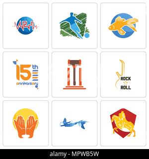 Set Of 9 simple editable icons such as knight on horse, mermaid, prayer hands, rock n roll, legal, 15th anniversary, goldfish, football, med, can be u Stock Vector