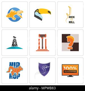 Set Of 9 simple editable icons such as 100 guarantee, viper, hip hop, chess knight, legal, oil derrick, rock n roll, toucan, goldfish, can be used for Stock Vector