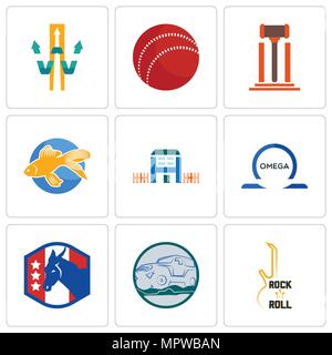 Set Of 9 simple editable icons such as rock n roll, offroad, democratic party, omega, h house, goldfish, legal, cricket ball, w with arrow, can be use Stock Vector