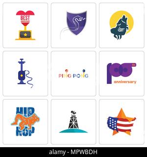 Set Of 9 simple editable icons such as us map, oil derrick, hip hop, 100th anniversary, ping pong, shisha, howling wolf, viper, best can be used for m Stock Vector