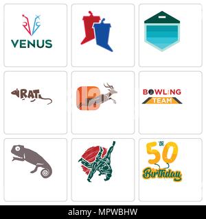 Set Of 9 simple editable icons such as 50th birthday, judo, chameleon, bowling team, antelope, rat, garage door, debate, venus, can be used for mobile Stock Vector