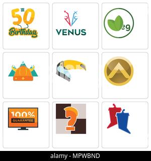 Set Of 9 simple editable icons such as debate, chess knight, 100 guarantee, spartan shield, toucan, norse, veg, venus, 50th birthday, can be used for  Stock Vector
