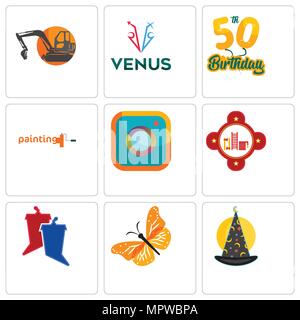 Set Of 9 simple editable icons such as wizard hat, monarch butterfly, debate, fire station, camera, painting company, 50th birthday, venus, digger, ca Stock Vector
