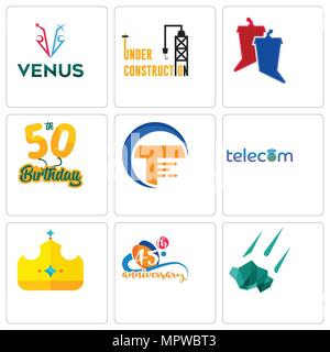 Set Of 9 simple editable icons such as meteorite, 45th anniversary, royal, telecom, traders, 50th birthday, debate, under construction, venus, can be  Stock Vector
