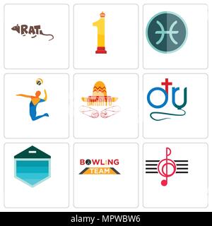 Set Of 9 simple editable icons such as treble clef, bowling team, garage door, dr., burrito, volley, pisces, no.1, rat, can be used for mobile, web Stock Vector