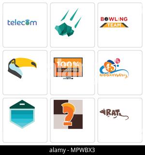 Set Of 9 simple editable icons such as rat, chess knight, garage door, 45th anniversary, 100 guarantee, toucan, bowling team, meteorite, telecom, can  Stock Vector