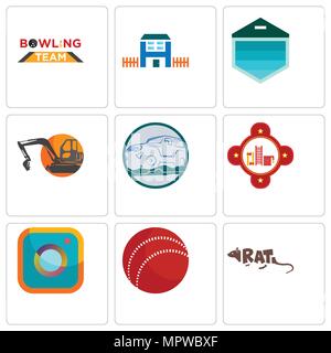 Set Of 9 simple editable icons such as rat, cricket ball, camera, fire station, offroad, digger, garage door, h house, bowling team, can be used for m Stock Vector