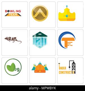 Set Of 9 simple editable icons such as under construction, norse, veg, traders, garage door, rat, royal, spartan shield, bowling team, can be used for Stock Vector