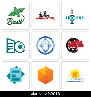Set Of 9 simple editable icons such as rising sun, cubic, statement, boar, 3, datacenter, hookah, gangster, basil, can be used for mobile, web Stock Vector