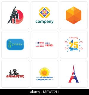 Set Of 9 simple editable icons such as eiffel tower, rising sun, gangster, celebrating 25 years, made in america, 20 year, cubic, free, dance studio,  Stock Vector