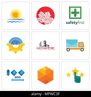 Set Of 9 simple editable icons such as customer satisfaction, cubic, 100 year anniversary, post car, gangster, program management, safety first, canad Stock Vector