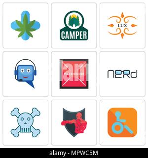 Set Of 9 simple editable icons such as handicapped, boxing club, skull and crossbones, nerd, placeholder, helpdesk, lux, camper, medical marijuana, ca Stock Vector
