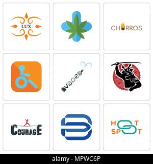 Set Of 9 simple editable icons such as hotspot, minimal b, courage, vape, handicapped, churros, medical marijuana, lux, can be used for mobile, web Stock Vector