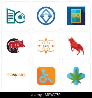 Set Of 9 simple editable icons such as medical marijuana, handicapped, towing, bull, lux, boar, 50 year, 3, datacenter, can be used for mobile, web Stock Vector