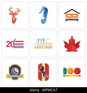 Set Of 9 simple editable icons such as 100 year, horse, volleyball tournament, canada leaf, handyman, 20 anniversary, lodging, sea stag head, can be u Stock Vector