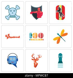 Set Of 9 simple editable icons such as girls bathroom, stag head, helpdesk, dragonfly, 100 year, squirrel, horse, boxing club, skull and crossbones, c Stock Vector