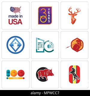 Set Of 9 simple editable icons such as horse, boar, 100 year, sparta, datacenter, 3, stag head, 30 made in usa, can be used for mobile, web Stock Vector