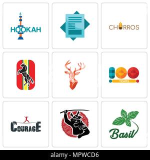 Set Of 9 simple editable icons such as basil, courage, 100 year, stag head, horse, churros, statement, hookah, can be used for mobile, web Stock Vector