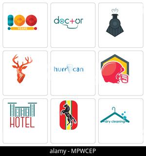 Set Of 9 simple editable icons such as dry cleaning, horse, hotel, football helmet, hurrican, stag head, locomotive, doctor, 100 year, can be used for Stock Vector