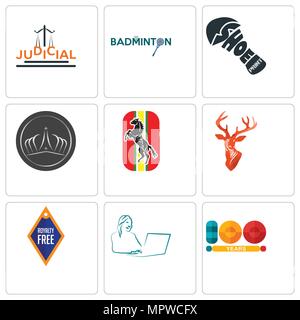 Set Of 9 simple editable icons such as 100 year, secretary, stag head, horse, tiara, shoe print, badminton, judicial, can be used for mobile, web Stock Vector