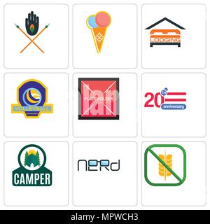 Set Of 9 simple editable icons such as gluten free, nerd, camper, 20 anniversary, placeholder, volleyball tournament, lodging, icecream, tribe, can be Stock Vector