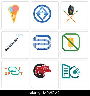 Set Of 9 simple editable icons such as datacenter, boar, hotspot, gluten free, minimal b, vape, tribe, 3, icecream, can be used for mobile, web Stock Vector