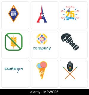 Set Of 9 simple editable icons such as tribe, icecream, badminton, shoe print, free, gluten celebrating 25 years, eiffel tower, , can be used for mobi Stock Vector