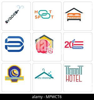Set Of 9 simple editable icons such as hotel, dry cleaning, volleyball tournament, 20 anniversary, football helmet, minimal b, lodging, hotspot, vape, Stock Vector
