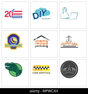 Set Of 9 simple editable icons such as tiara, cab service, dino, judicial, lodging, volleyball tournament, secretary, diy, 20 anniversary, can be used Stock Vector