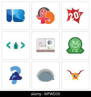 Set Of 9 simple editable icons such as texas star, hedgehog, scratching head, pharmacy, online form, software bug, 20% off, pirate mascot, ib, can be  Stock Vector