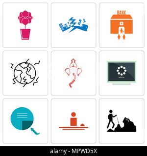Set Of 9 simple editable icons such as hiker, hospitality, page turn, buffering, ganesh, earthquake, bank branch, orchid, can be used for mobile, web Stock Vector