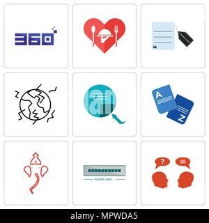Set Of 9 simple editable icons such as inquiry, buffering, ganesh, vocabulary, page turn, earthquake, request a quote, hospitality, 360 degree, can be Stock Vector