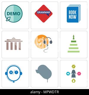 Set Of 9 simple editable icons such as travel agent, car dealer, live support, next steps, municipality, book now, grammar, demo, can be used for mobi Stock Vector