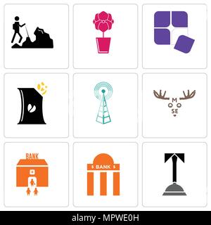 Set Of 9 simple editable icons such as concierge, bank branch, moose, cell tower, bag of chips, adaptability, orchid, hiker, can be used for mobile, w Stock Vector