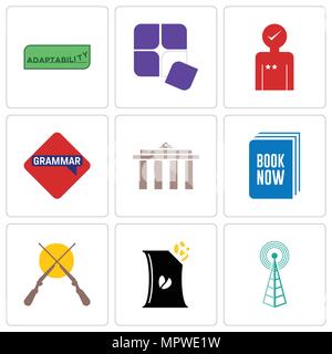 Set Of 9 simple editable icons such as cell tower, bag of chips, shotgun, book now, municipality, grammar, customer experience, adaptability, can be u Stock Vector