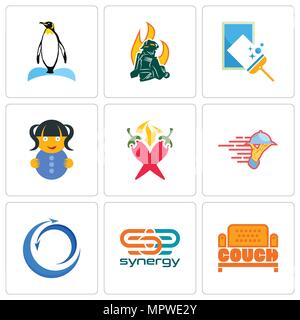 Set Of 9 simple editable icons such as couch, synergy, import export, catering services, chili pepper, doll, window cleaning, firemen, penguin, can be Stock Vector