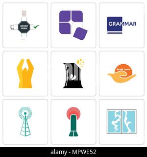 Set Of 9 simple editable icons such as broken glass, penetration, cell tower, book now, bag of chips, folded hands, grammar, adaptability, order form, Stock Vector