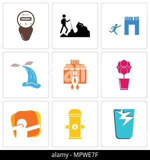 Set Of 9 simple editable icons such as broken glass, fire hydrant, dab, orchid, bank branch, waterfall, join us, hiker, electric meter, can be used fo Stock Vector