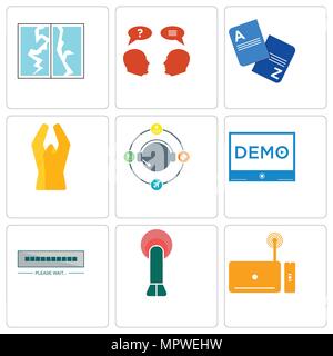 Set Of 9 simple editable icons such as set top box, penetration, buffering, demo, travel agent, folded hands, vocabulary, inquiry, broken glass, can b Stock Vector