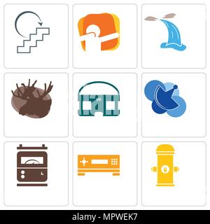 Set Of 9 simple editable icons such as fire hydrant, set top box, electric meter, telecom, vr headset, moose, waterfall, dab, next steps, can be used  Stock Vector