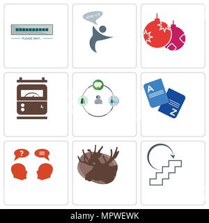 Set Of 9 simple editable icons such as next steps, moose, inquiry, vocabulary, shepherd, electric meter, christmas bulb, join us, buffering, can be us Stock Vector